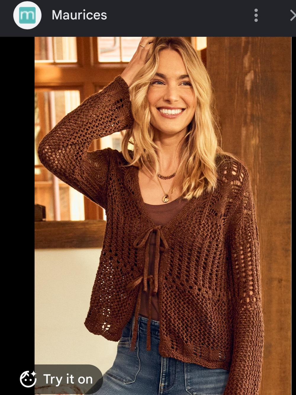 Maurice’s Brown Crochet Tie-Front Women's Sweater Cardigan Medium - Picture 4 of 4